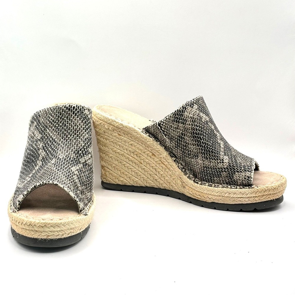 TOMS Womens 7.5 Snakeskin Print Espadrille Wedge Mule Sandals Gray Black Boho